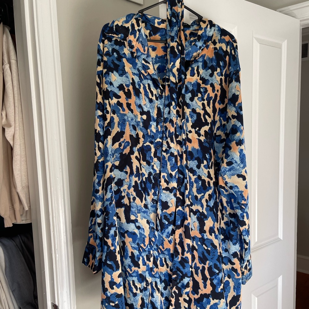 Women's Blue Multi Print Button-Up Dress